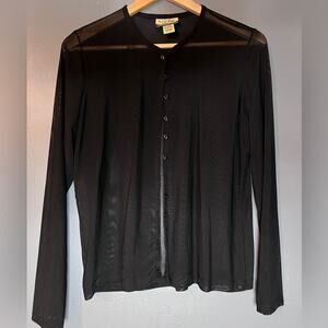 Vintage Sheer Button Up Black Classic Blouse with Long Sleeves | Size L